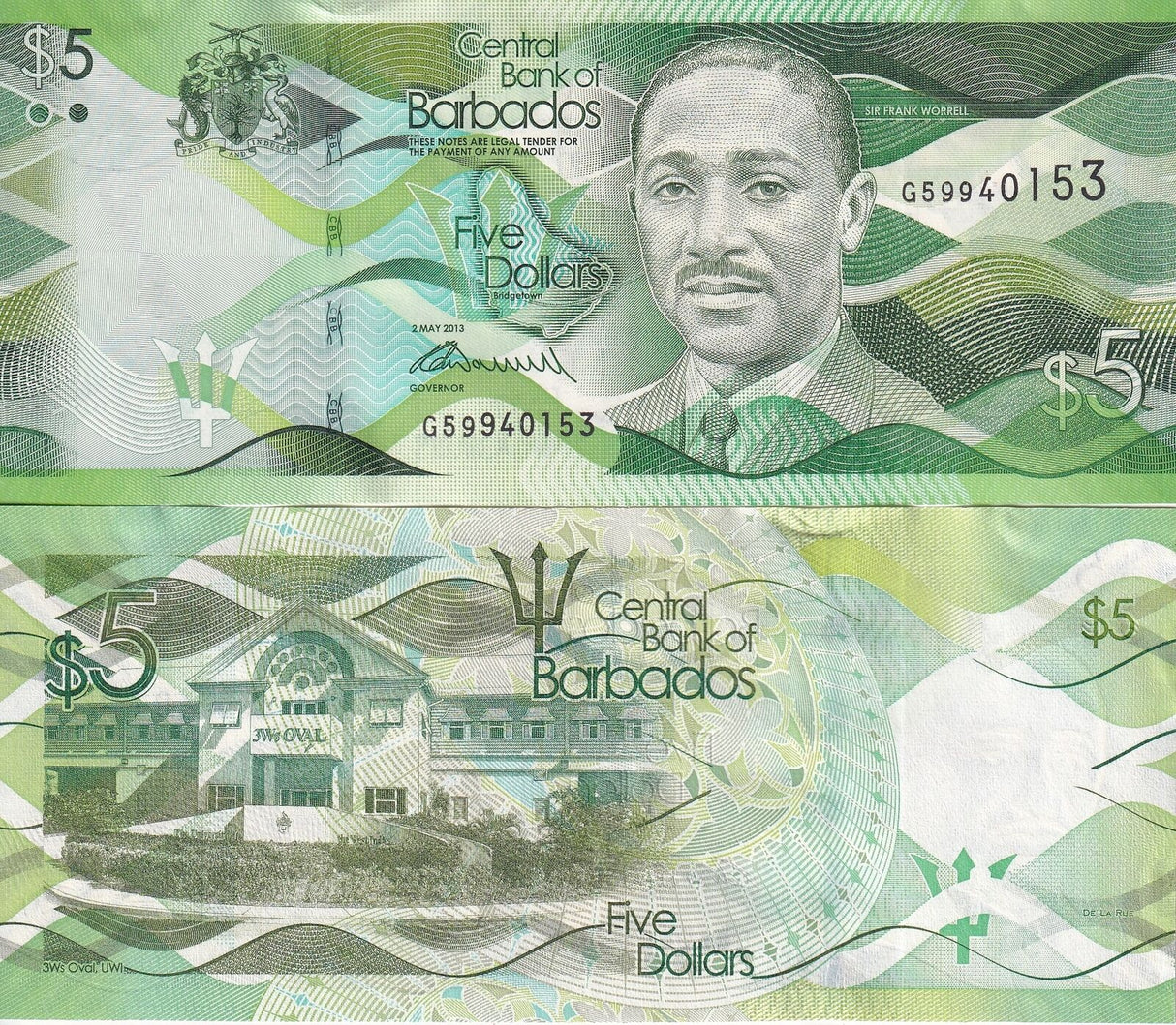 Barbados 5 Dollars 2013 P 74 a UNC