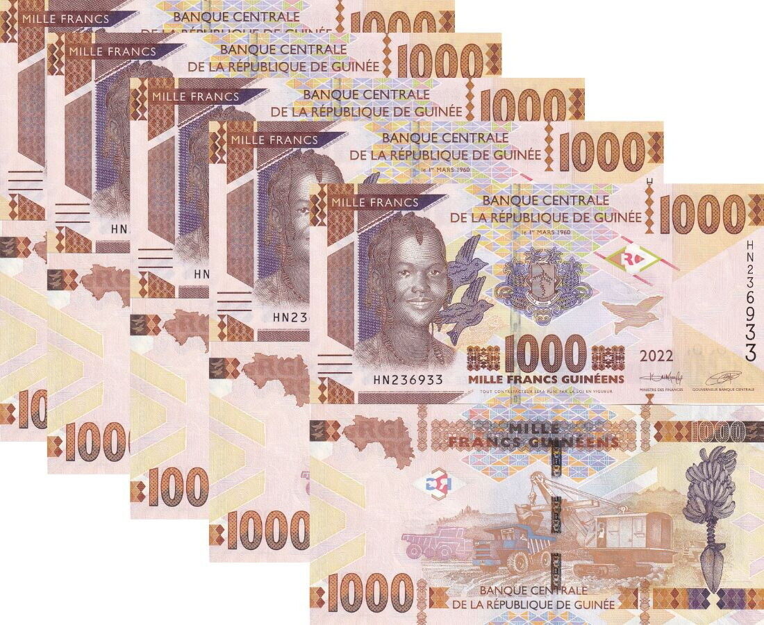 Guinea 1000 Francs 2022 P 48A UNC LOT 5 PCS