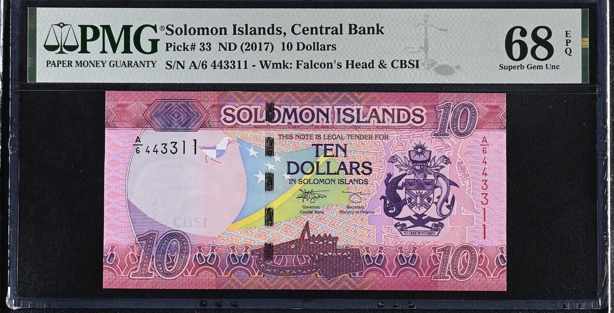 Solomon Islands 10 Dollars ND 2017 P 33 A/6 Superb GEM UNC PMG 68 EPQ TOP POP
