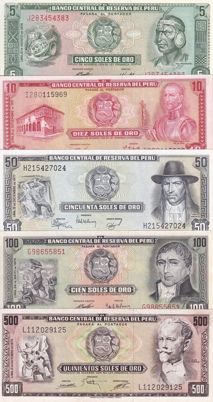 Peru Set 5 UNC 5 10 50 100 500 Soles De Oro Random Year P 99 100 102 110 113