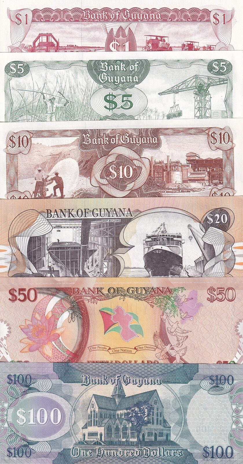 Guyana Set 6 UNC 1 5 10 20 50 100 Dollars 1989-2022 P 21g 22f 23f 30 36 41