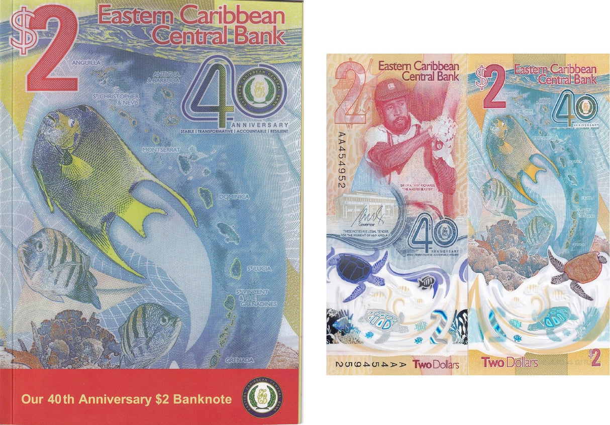 East Caribbean 2 Dollars 2024 40th P 61 Polymer Commemorative W/ Folder