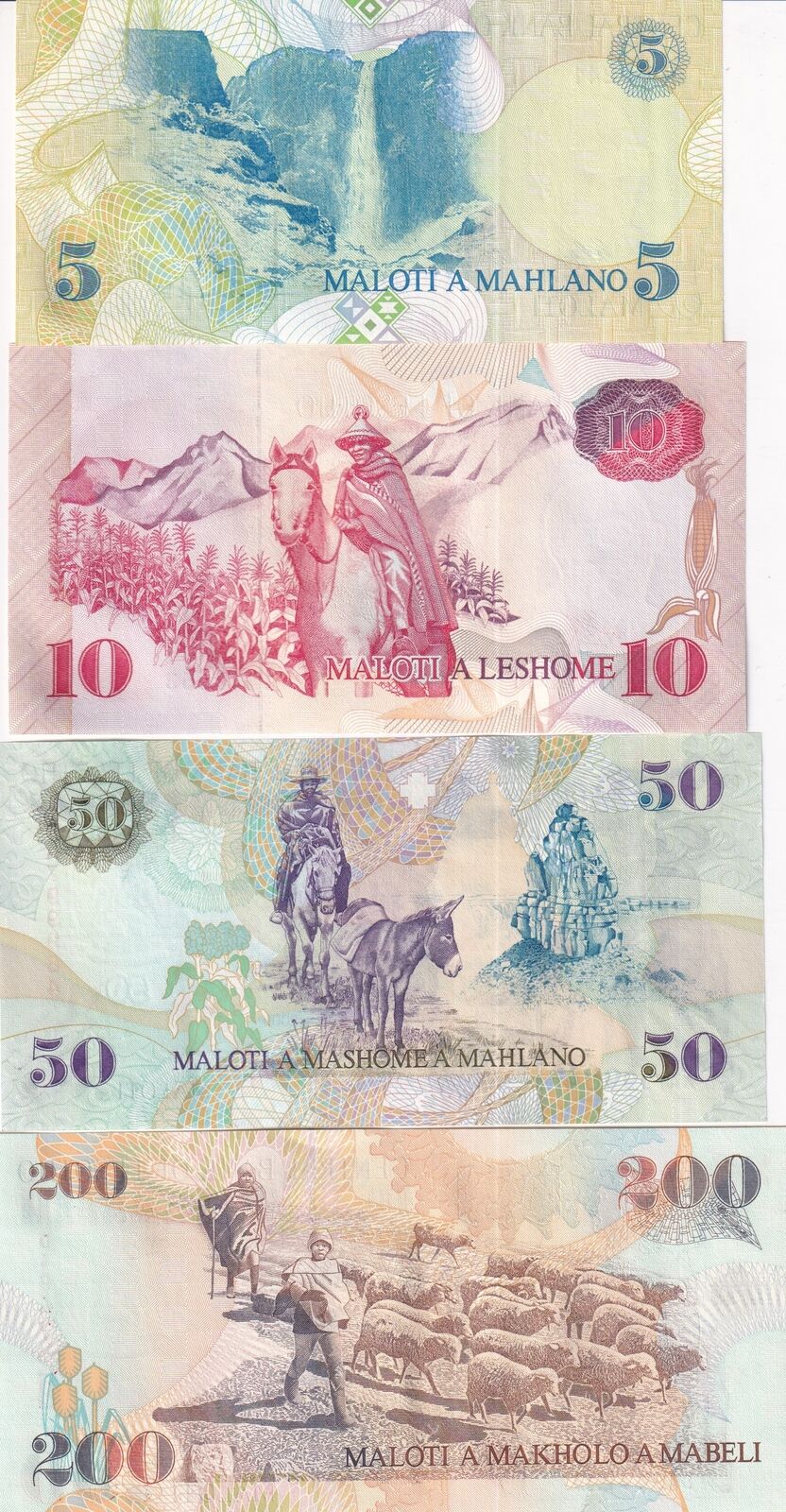 Lesotho Set 4 Pcs 5 10 50 200 Maloti P 10 11 17 20 UNC
