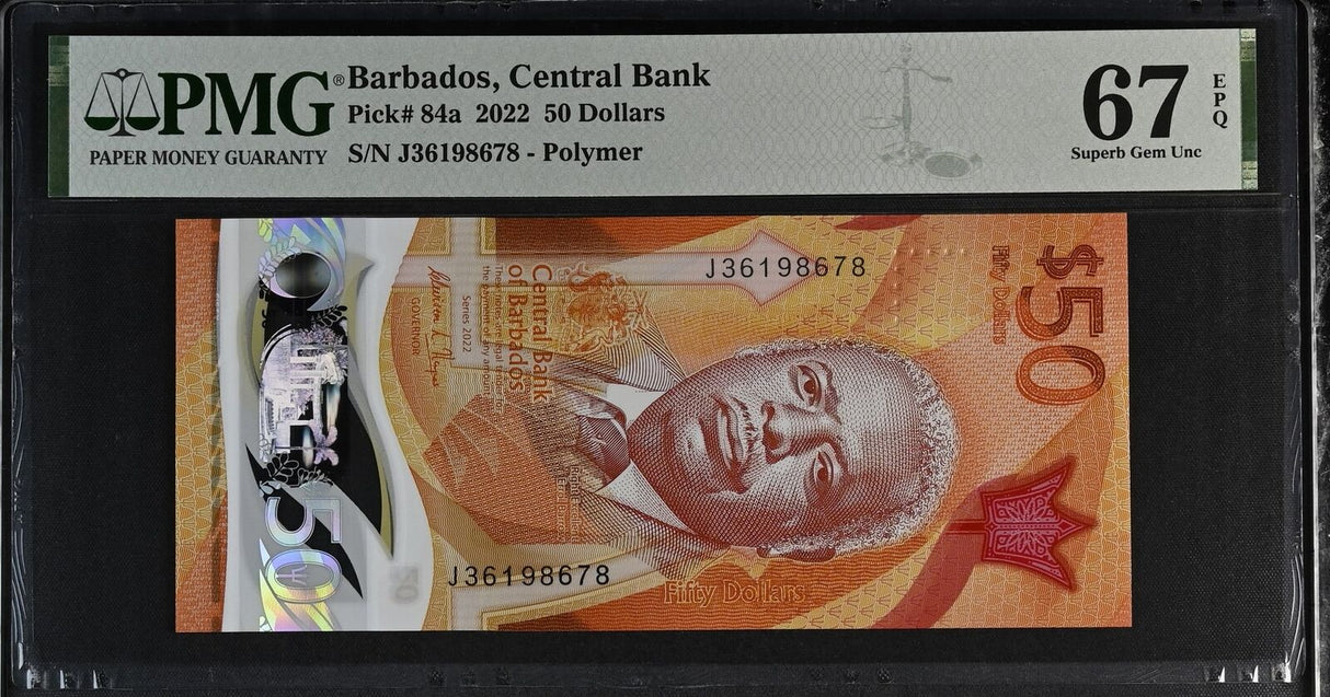 Barbados 50 Dollars 2022 Polymer P 84 a Superb Gem UNC PMG 67 EPQ