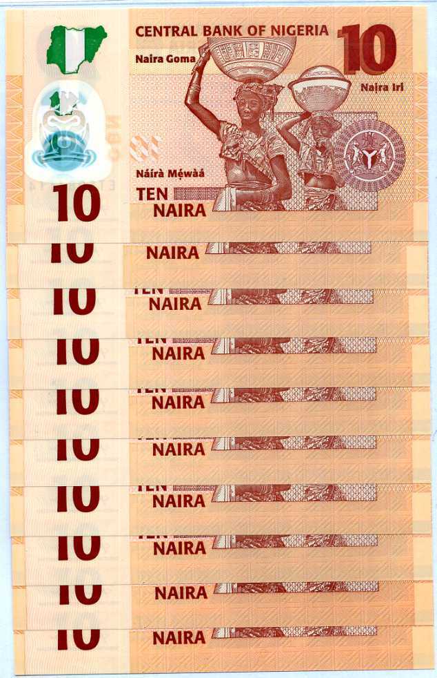 Nigeria 10 Naira Mixed Year Polymer P 39 UNC Lot 10 Pcs 1/10 Bundle
