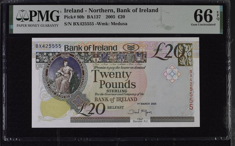 Northern Ireland 20 Pounds 2005 P 80 b Nice 425555 Gem UNC PMG 66 EPQ WTM Medusa
