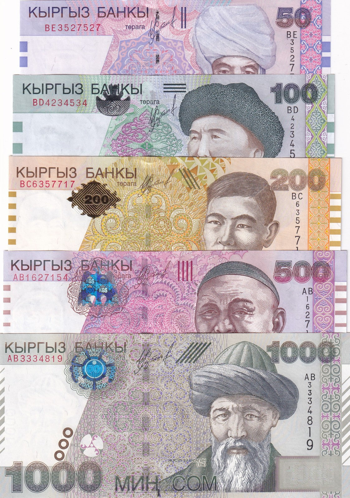 Kyrgyzstan Set 5 Pcs 50 -200 500 1000 Som 2000-2004 P 17 18 20 21 22 UNC