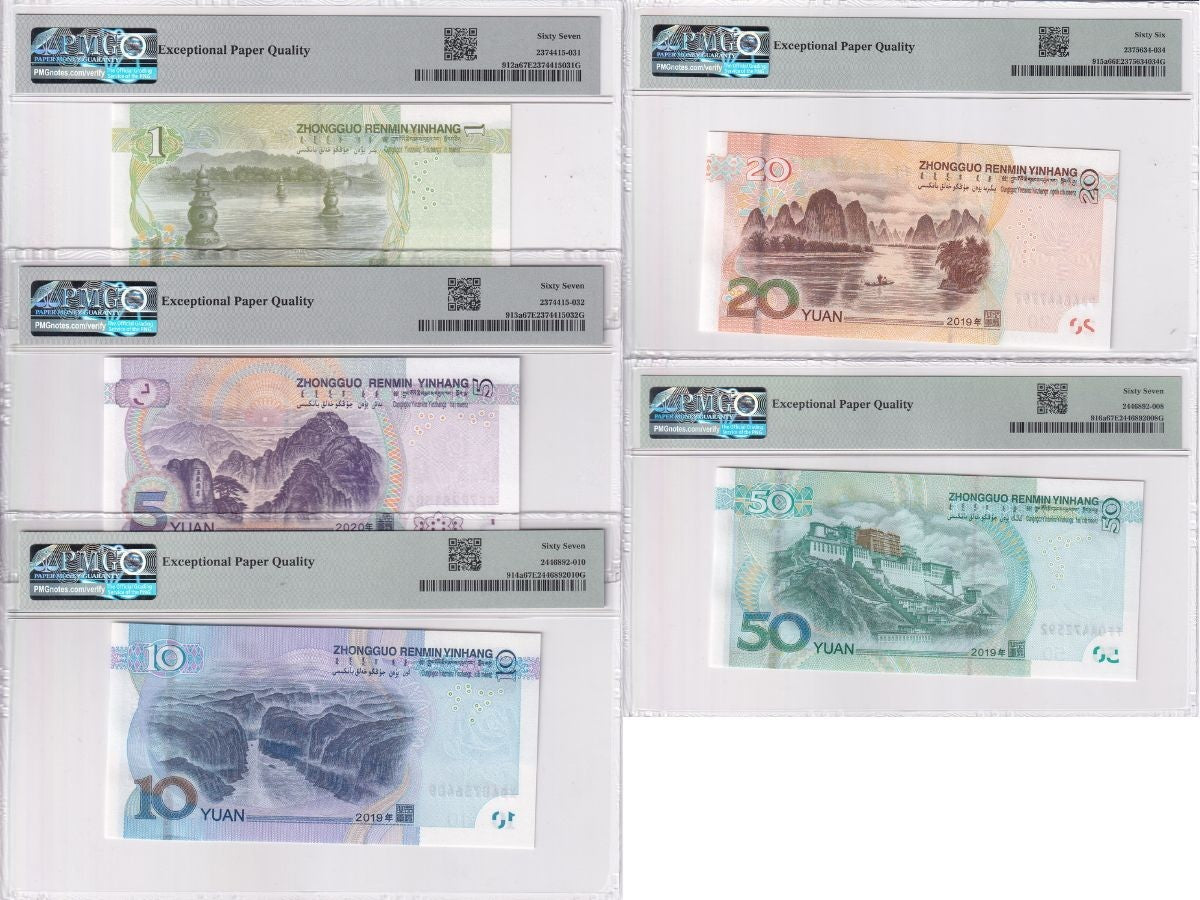 China Set 5; 1 10 20 50 Yuan 2019-20 P 912-P 916 Superb Gem UNC PMG 66 67 EPQ