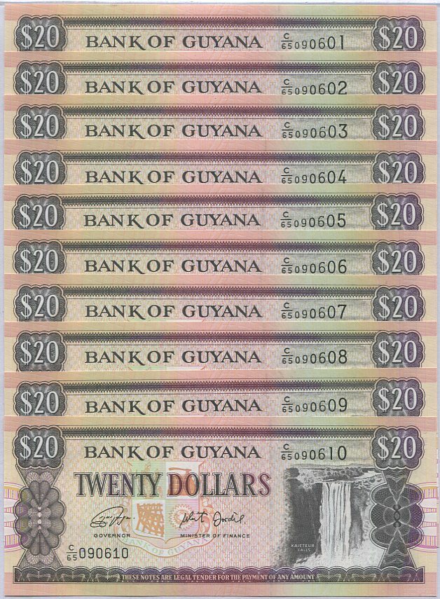 Guyana 20 Dollars ND 2018/2020 P 30 g UNC, Kaieteur Falls Lot 10 PCS