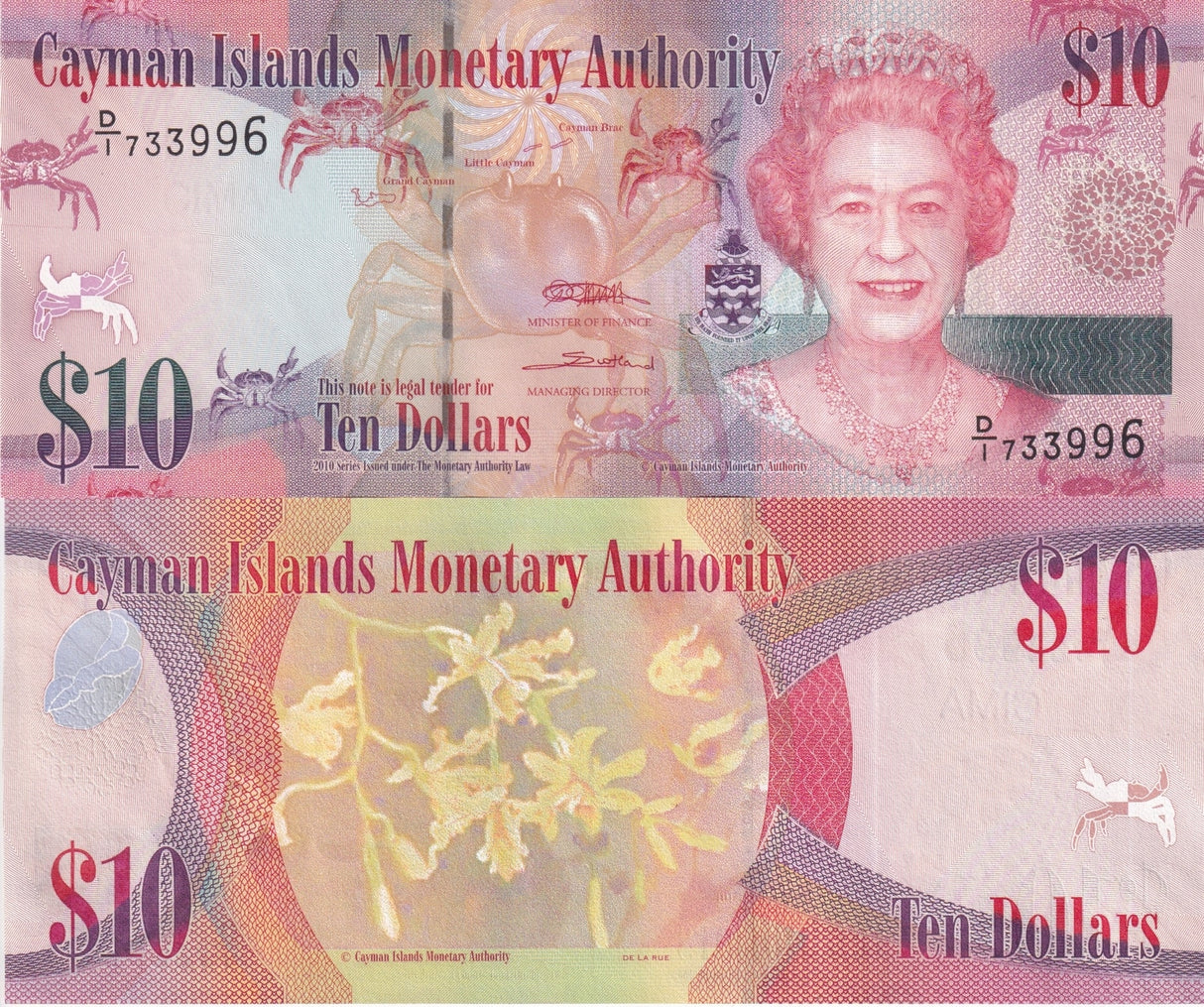 Cayman Islands 10 Dollars 2010 P 40 Prefix D/1 UNC