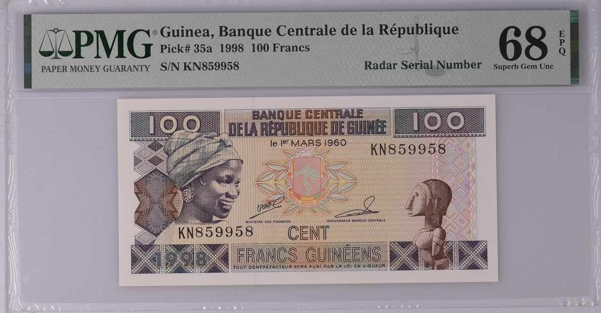 Guinea 100 Francs 1998 P 35 a RADAR 859958 Superb Gem UNC PMG 68 EPQ