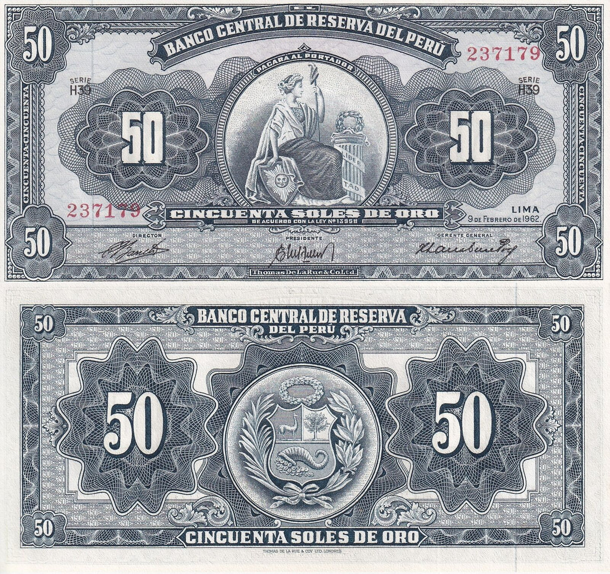 Peru 50 Soles De Oro 1962 P 85 a UNC