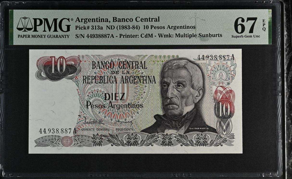 Argentina 10 Pesos ND 1983-1984 P 313 a Superb Gem UNC PMG 67 EPQ