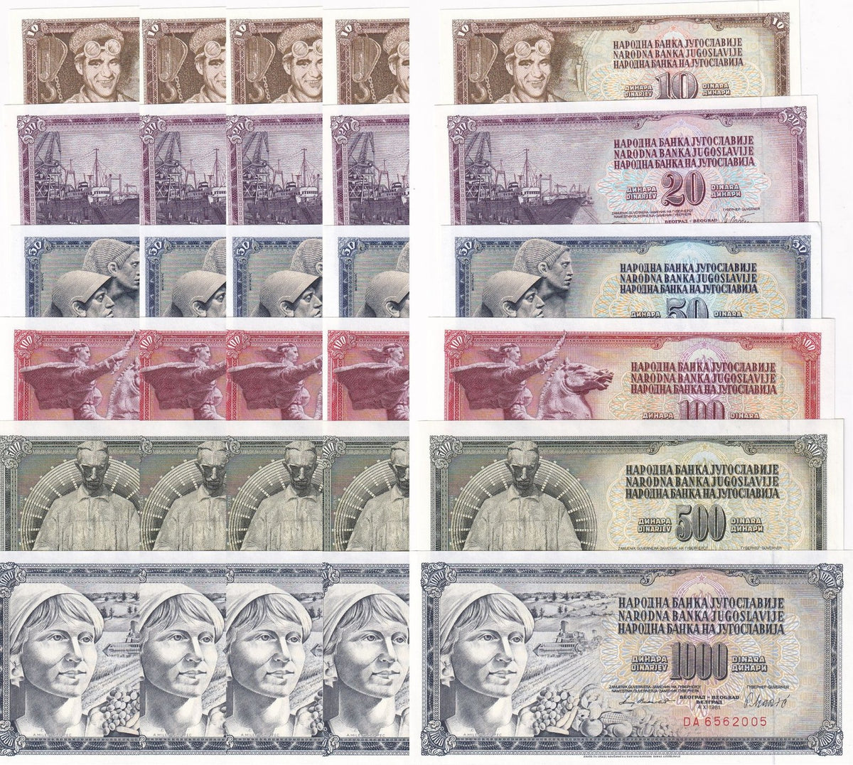 Yugoslavia Set 6 X LOT 5 = 30 UNC 10 20 50 100 500 1000 DINARA Random Dates