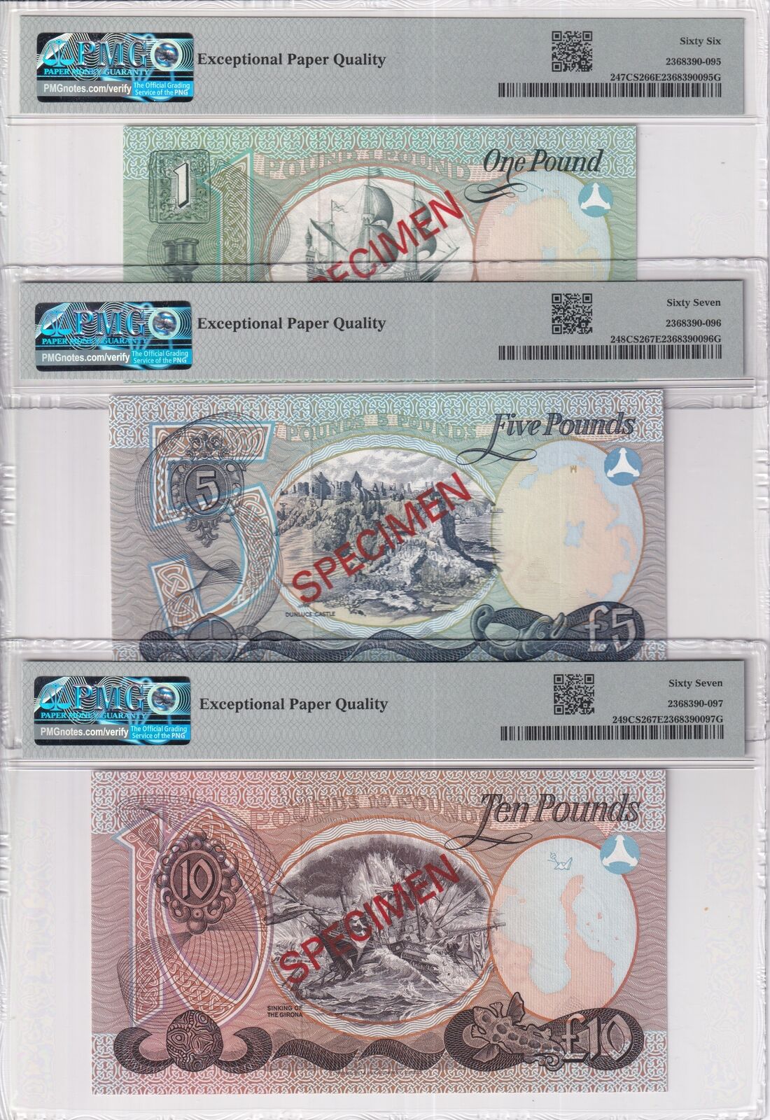 Northern Ireland Set 3; 1 5 10 Pounds 1977 SPECIMEN Superb Gem UNC PMG 66 67 EPQ