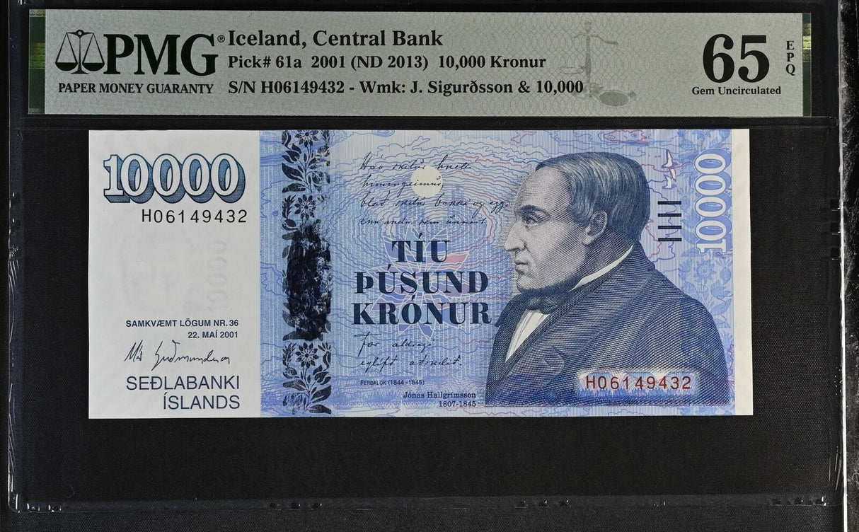Iceland 10000 Kronur 2001 ND 2013 P 61 a Gem UNC PMG 65 EPQ