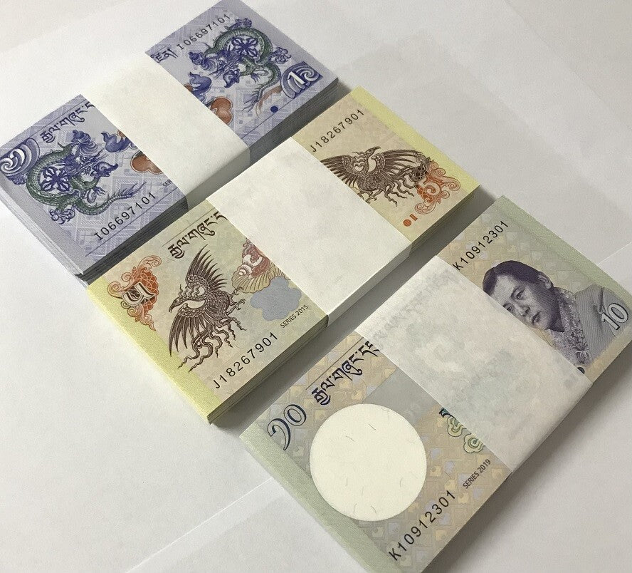 Bhutan Set 3 x 100 UNC 1 5 10 Ngultrum 2015-2019 p 27 28 29 = Lot 3 Bundles