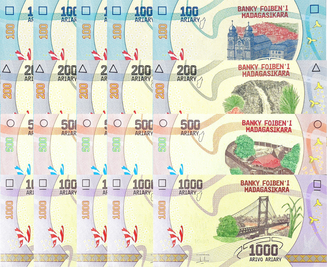 Madagascar Set 4 x Lot 5=20 UNC 100 200 500 1000 Ariary 2017 P 97 98 99 100