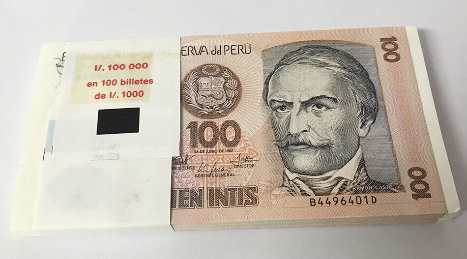 Peru 100 Intis 1987 P 133 UNC LOT 25 PCS 1/4 BUNDLE