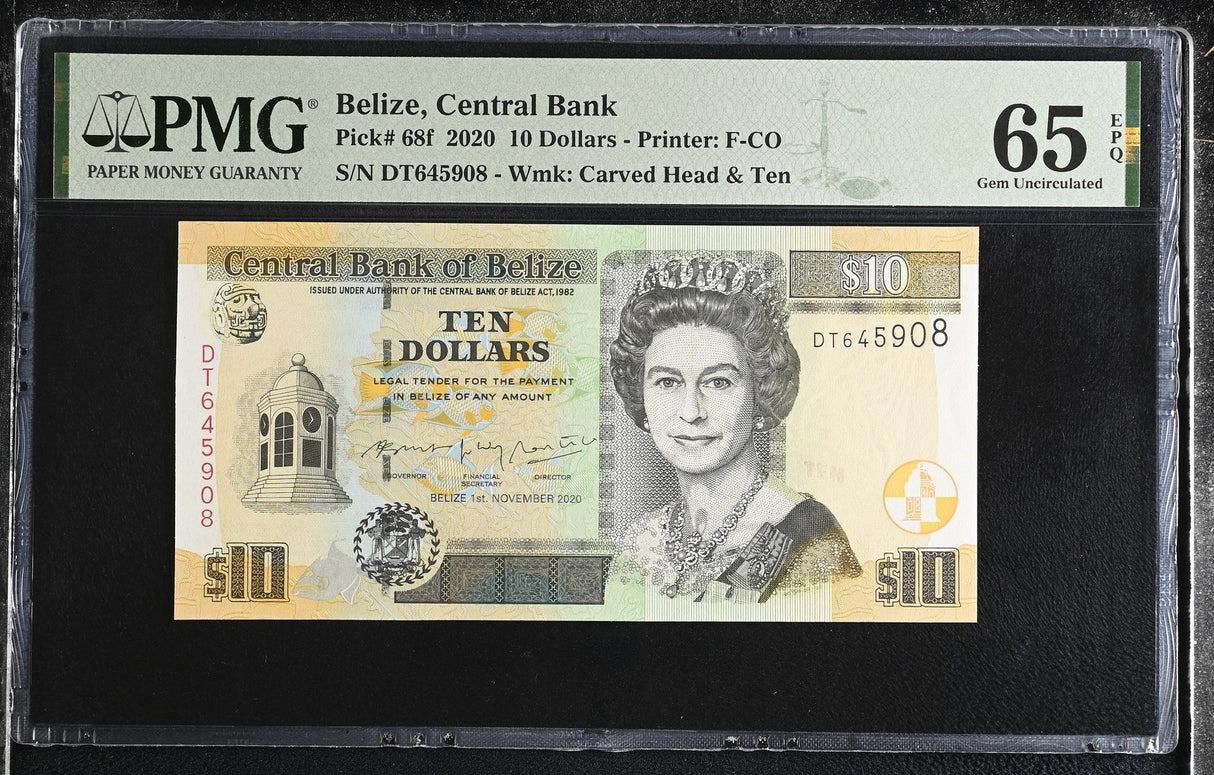 Belize 10 Dollars 2020 P 68 f Gem UNC PMG 65 EPQ