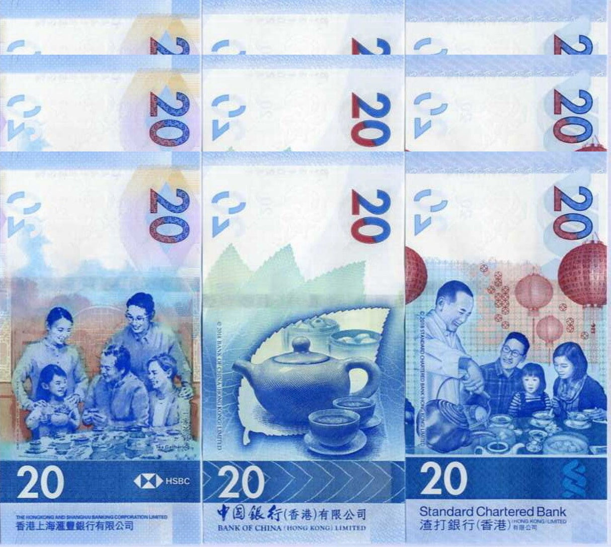 Hong Kong Set 3 X LOT 3= 9 UNC 20 Dollars Mixed Years P 218 302 348 BOC HSBC SCB