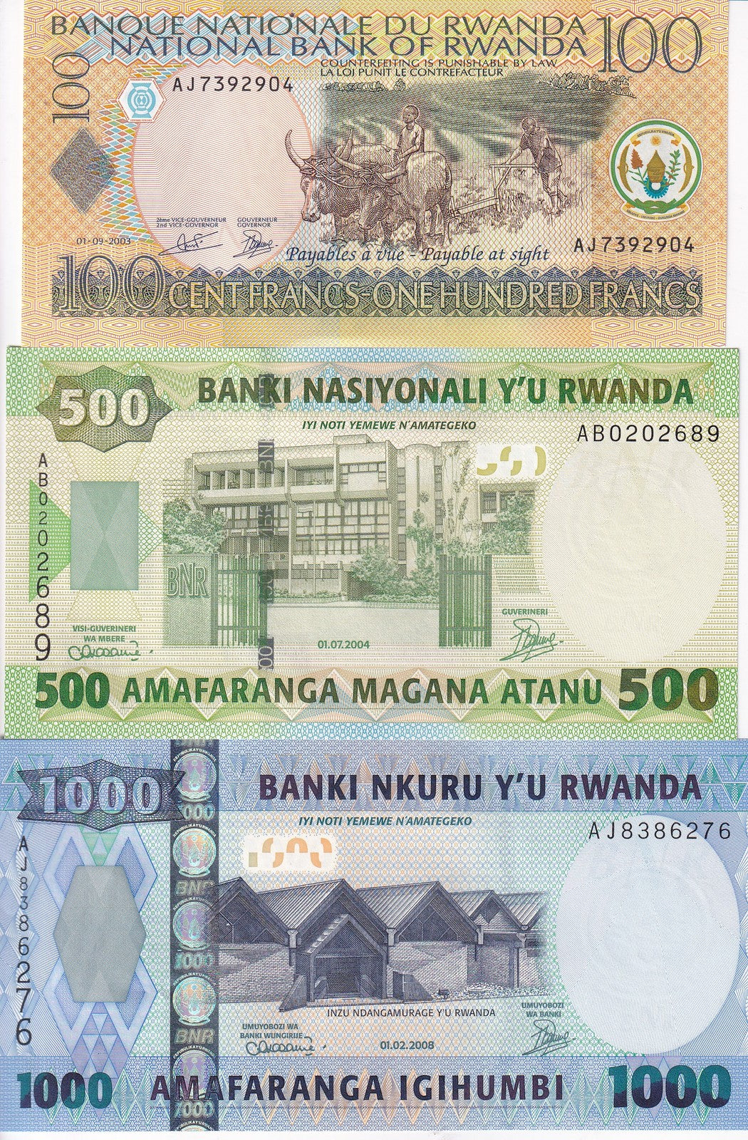 Rwanda Set 3 UNC 100 500 1000 Francs 2003 2004 2008 P 30 31 32