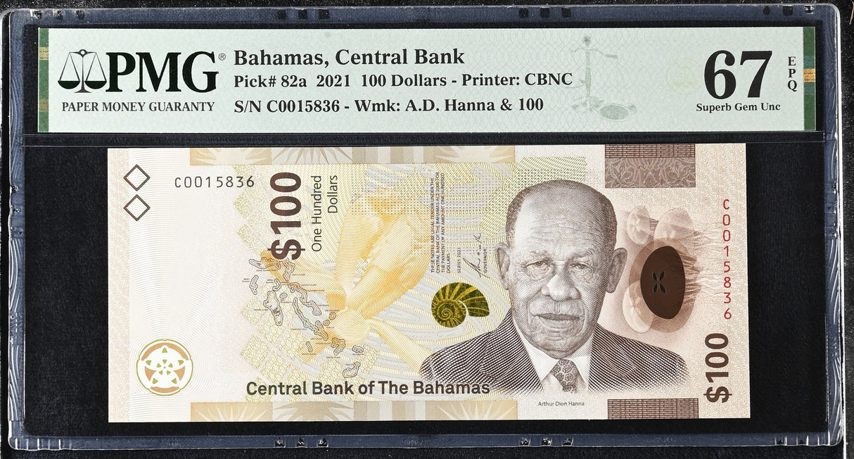 Bahamas 100 Dollars 2021 P 82 a Superb Gem UNC PMG 67 EPQ