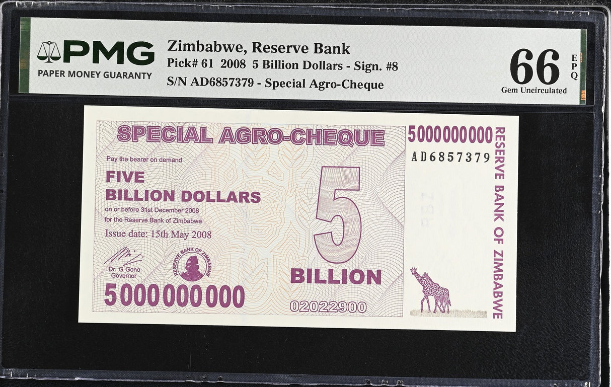 Zimbabwe 5 Billion Dollars 2008 P 61 Gem UNC PMG 66 EPQ