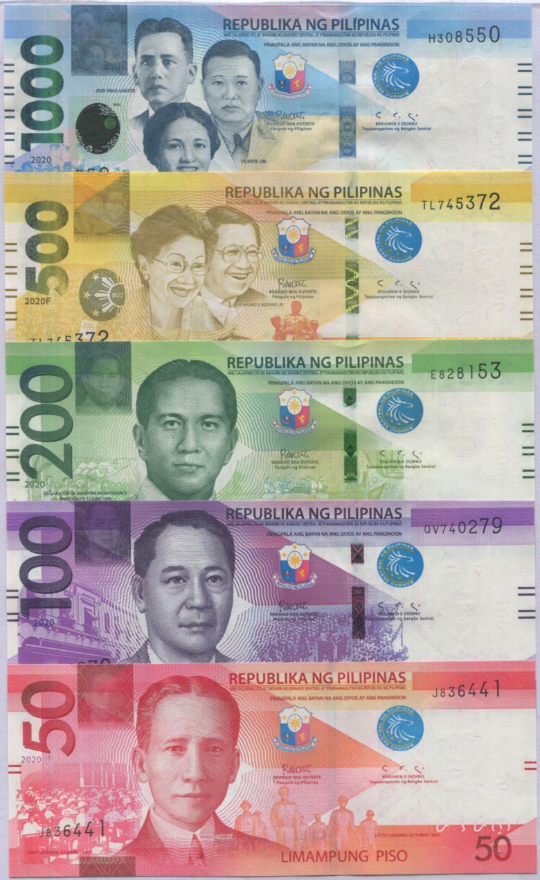Philippines Set 5 pcs 50 100 200 500 1000 Pesos 2020 P 224-228 UNC + Blind Mark