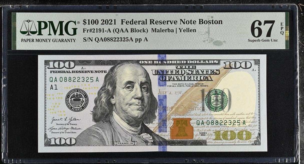 United States 100 Dollars USA 2021 P 555 A Boston Superb Gem UNC PMG 67 EPQ