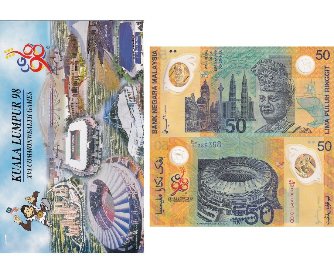 Malaysia 50 Ringgit 1998 Commemorative Polymer P 45 UNC With Folder