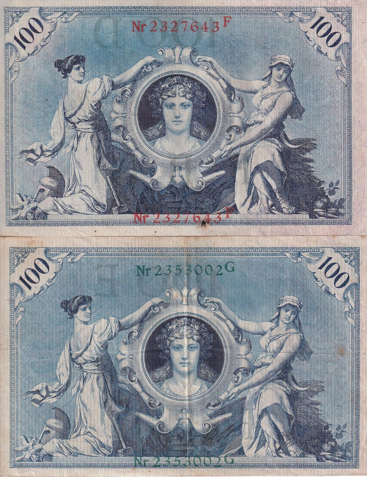 Germany SET 2 , 100 Mark 1908 Green + Red Seal P 33 34 Fine Used Circulated