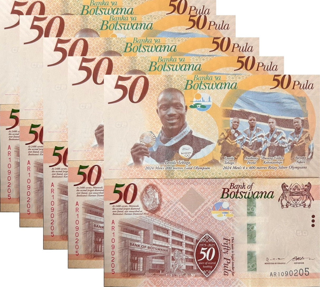 Botswana 50 Pula 2026 1975-2025 50th Commemorative Gold olympic LOT 5 UNC