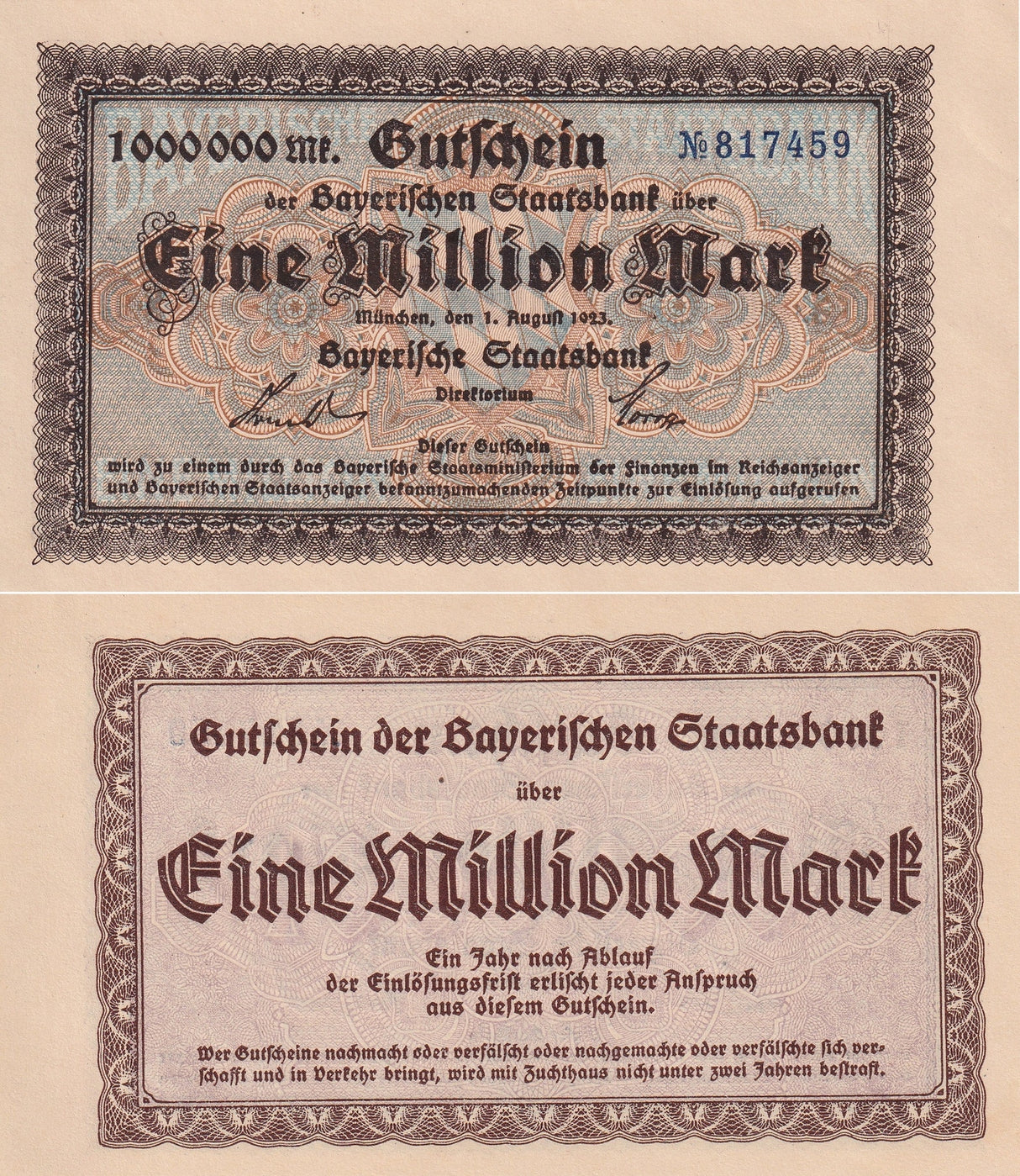 Germany 1 Million Mark 1923 Bayern AUnc
