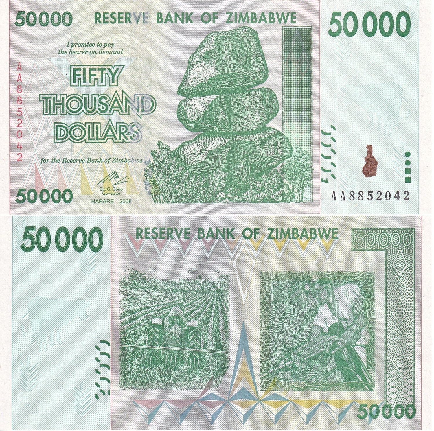 Zimbabwe 50000 Dollars 2008 AA prefix P 74 a UNC