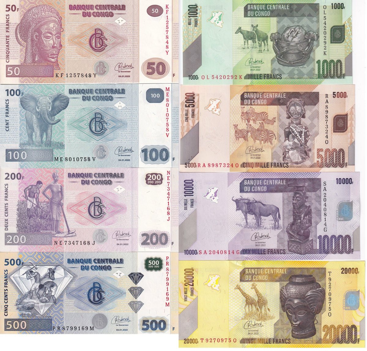 Congo Set 8 Unc 50 100 200 - 10000 20000 FRANCS Random Year P 96 - 104d