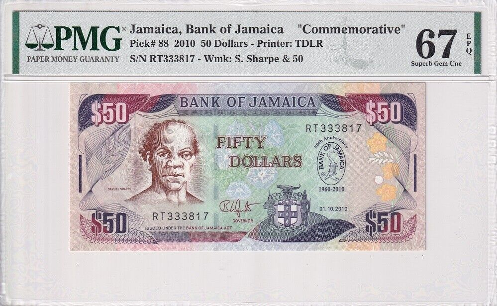 Jamaica 50 Dollars 2010 P 88 Commemorative Superb Gem UNC PMG 67 EPQ
