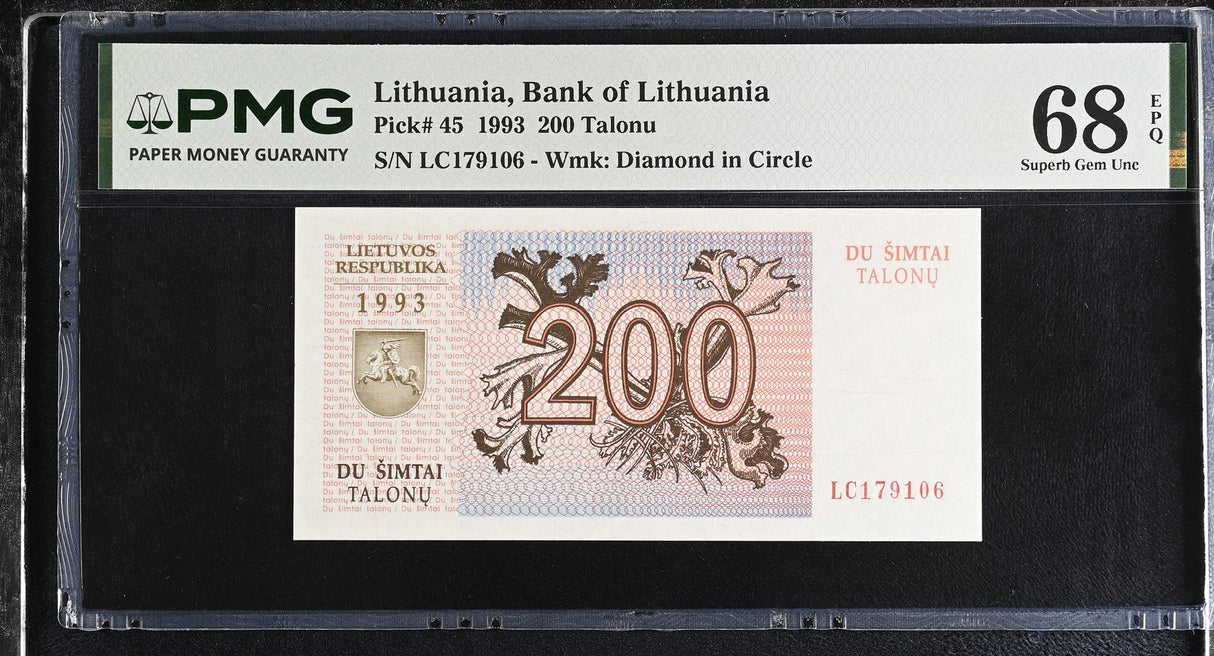Lithuania 200 Talonu 1993 P 45 Superb Gem UNC PMG 68 EPQ