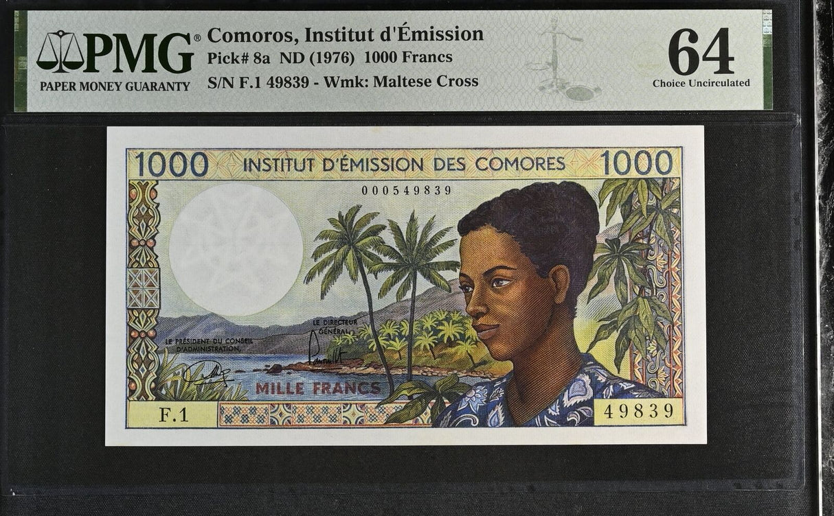 Comoros 1000 Franc ND 1976 P 8 a Choice UNC PMG 64
