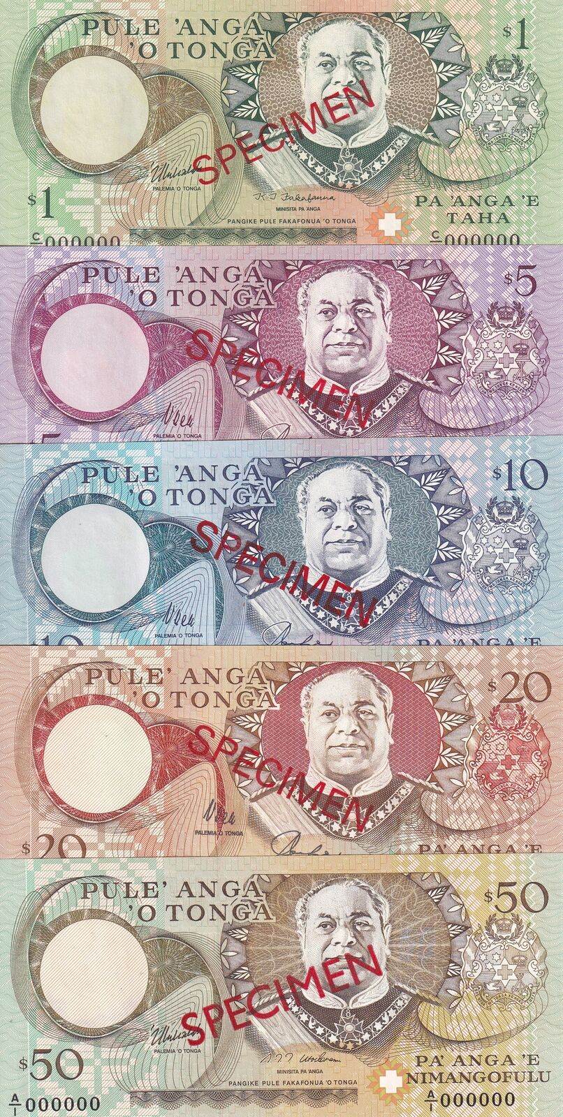 Tonga Set 5 UNC 1 5 10 20 50 Pa'anga ND 1995 P 31 33 34 35 26 SPECIMEN