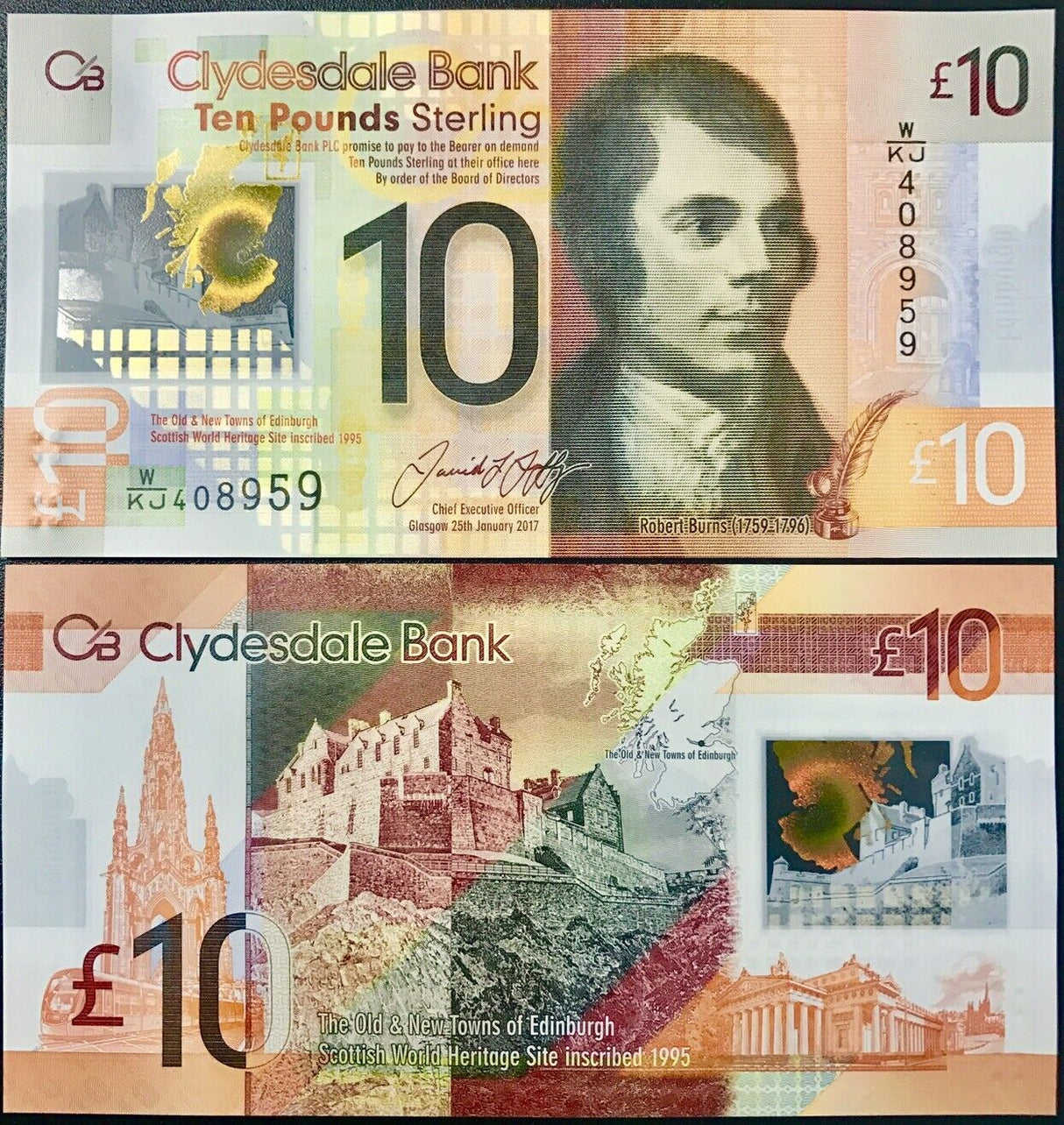 Scotland 10 Pounds 2017 Clydesdale Bank Polymer P 229Q UNC