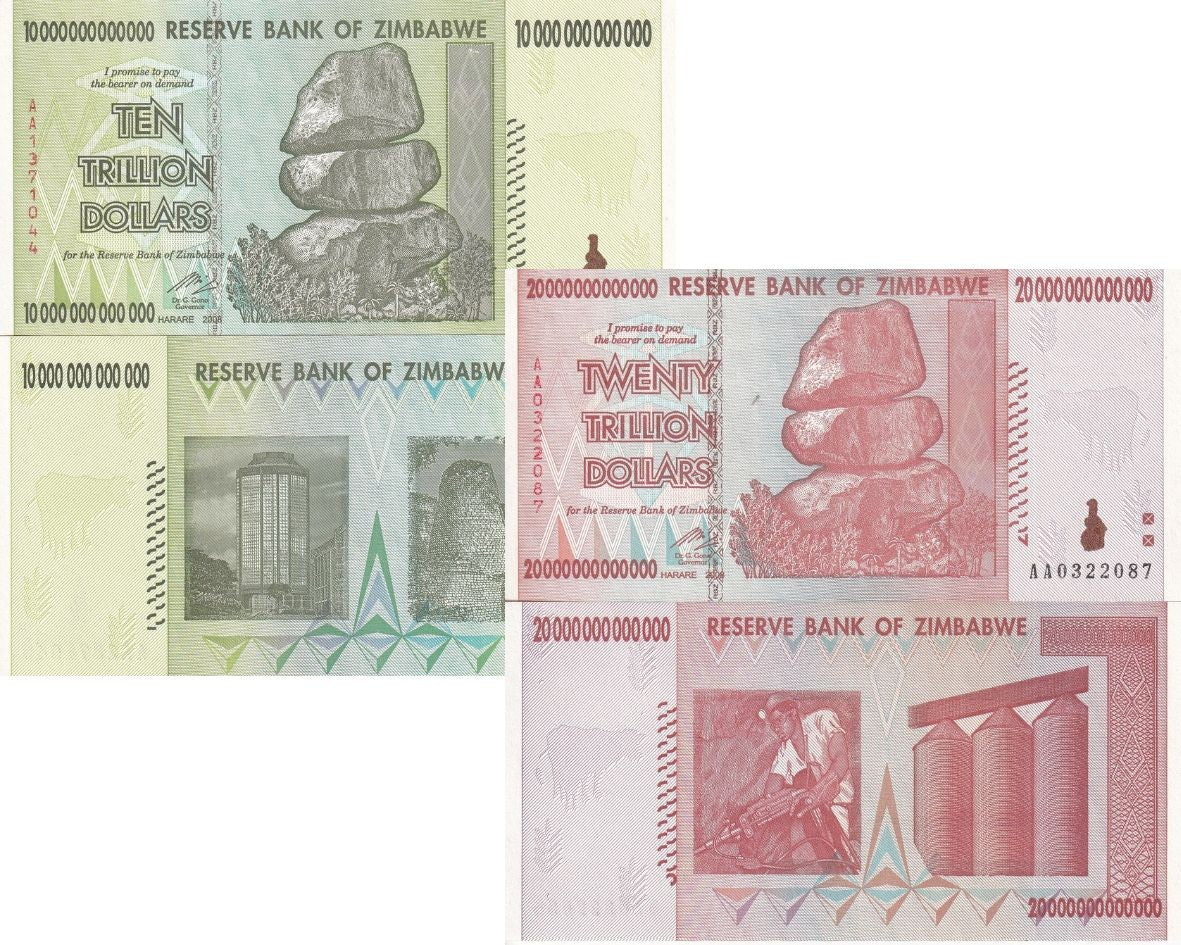 Zimbabwe Set 2 Pcs 10 20 Trillion Dollars 2008 P 88 89 UNC
