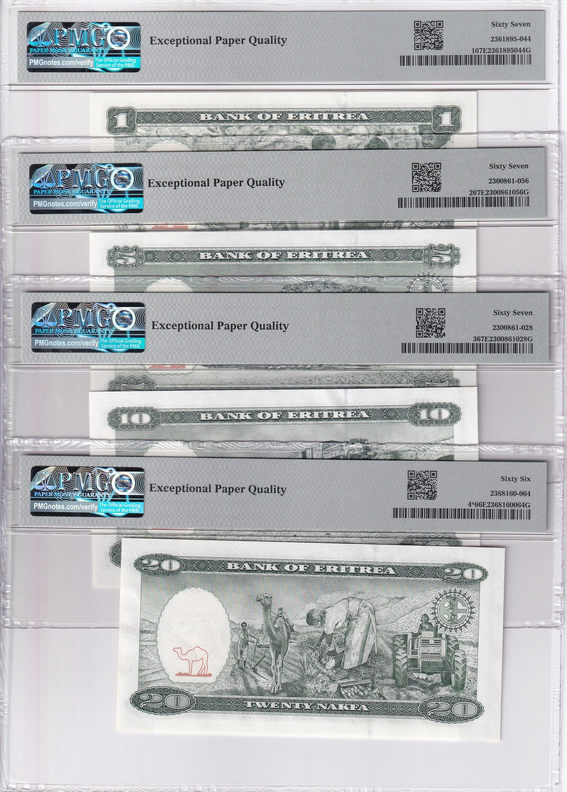 Eritrea Set 4;1 5-20 Nakfa 1997 P 1 P 2 P 3 P 4 Superb Gem UNC PMG 66 67 EPQ