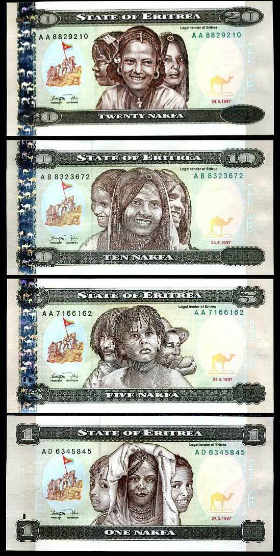 Eritrea Set 4 Pcs 1 5 10 20 NAKFA 1997 P 1 2 3 4 UNC