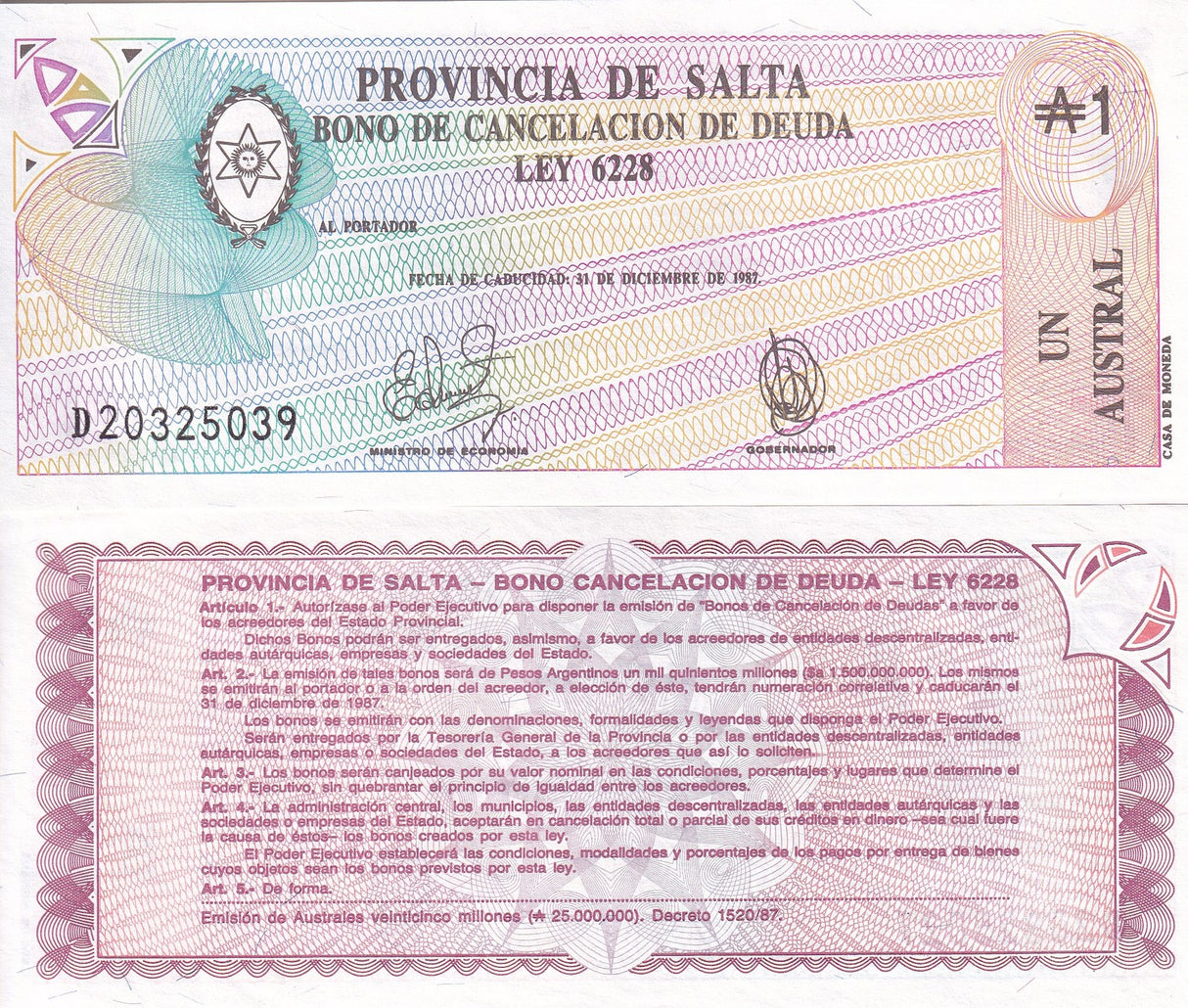 Argentina 1 Austral 1987 P S2612e UNC