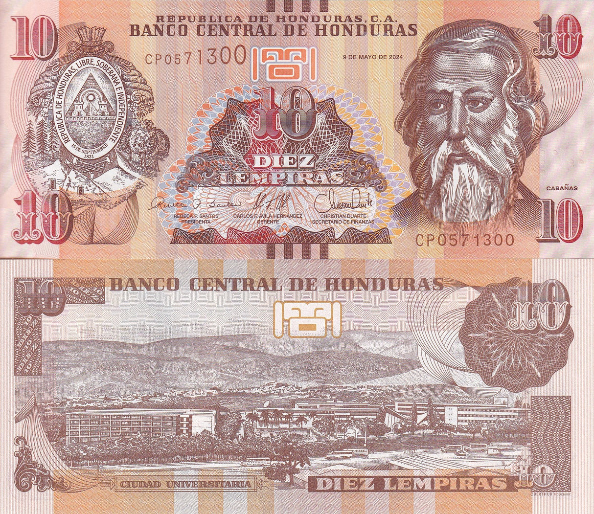 Honduras 10 Lempiras 2024 P 99 Revise Design UNC
