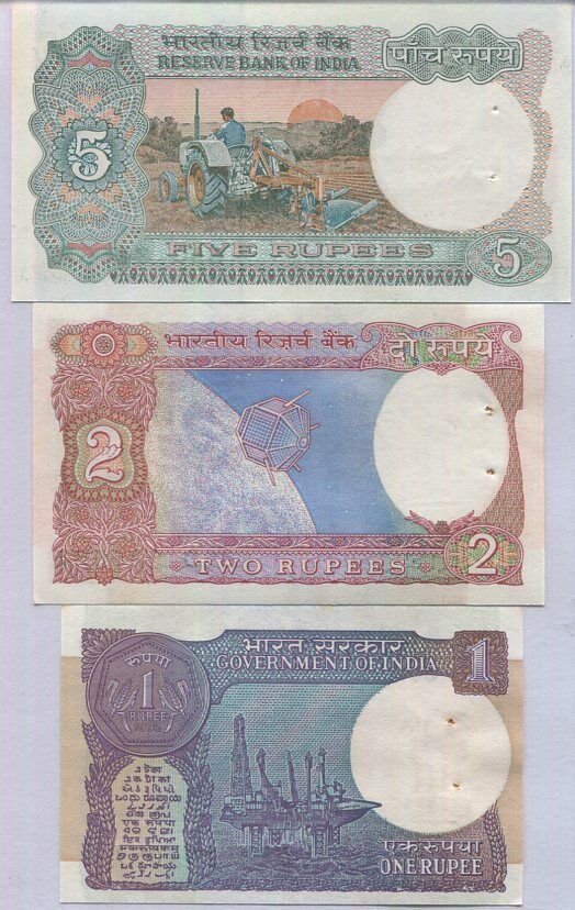 India Set 3 Pcs 1 2 5 Rupees P 78 79 80 Random Sign UNC W/H