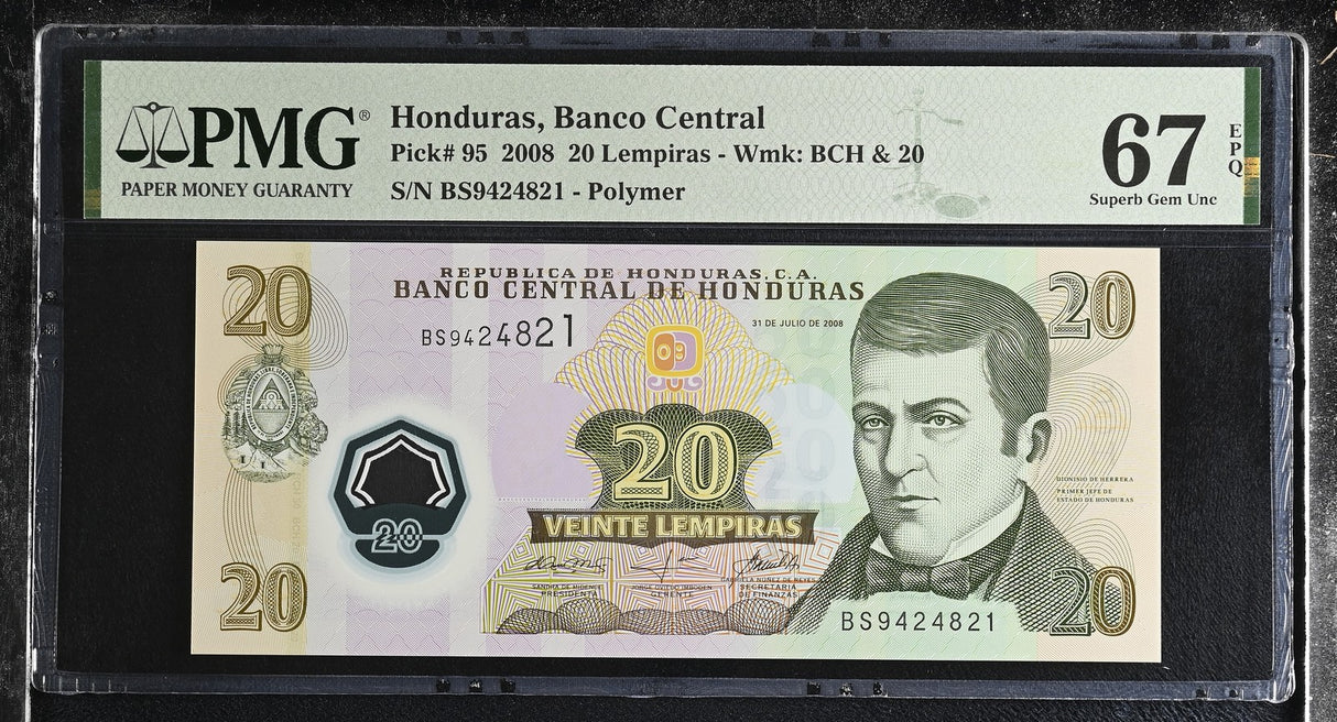 Honduras 20 Lempiras 2008 Polymer P 95 Superb Gem UNC PMG 67 EPQ