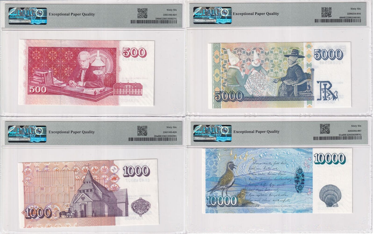 Iceland Set 4; 500 100 5000 10000 Kronur 2001 P 58 59 60 P 61 Gem UNC PMG 66 EPQ