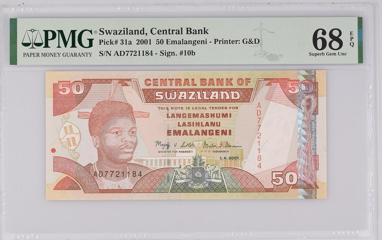 Swaziland 50 Emalangeni 2001 P 31 a Superb Gem UNC PMG 68 EPQ